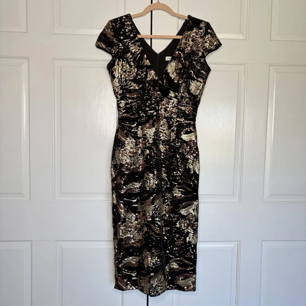 Dress the Population Black Gold Sequin Velvet V-Neck Cap Sleeve Sheath Midi Glam - Picture 5 of 12